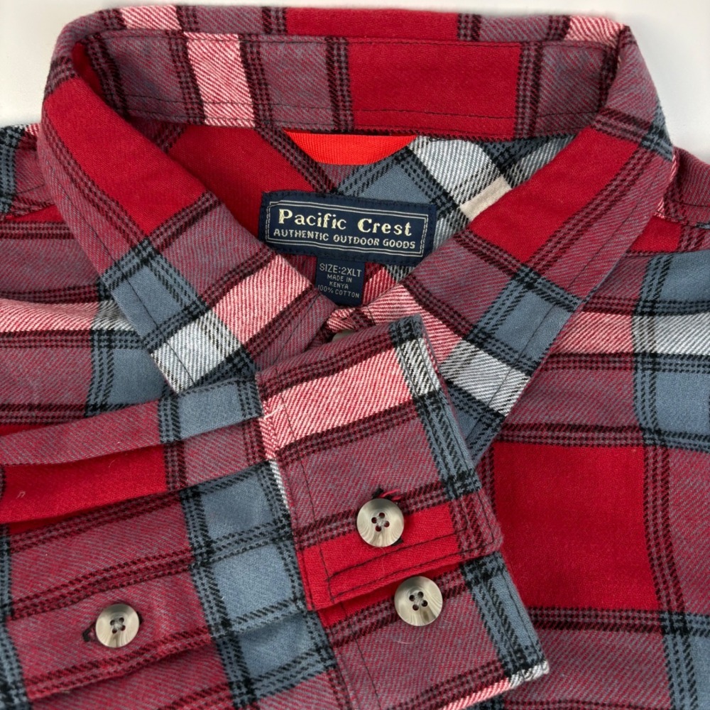 Pacific Crest Mens 2XLT Red Grey Plaid Flannel Long Sleeve Button Down Shirt